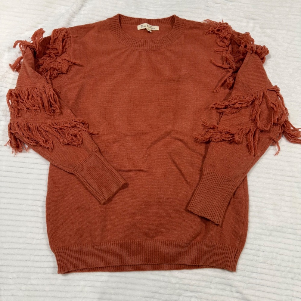 Vine & Love Rust Orange Fringe Sleeve Crewneck Sweater Womens Large
